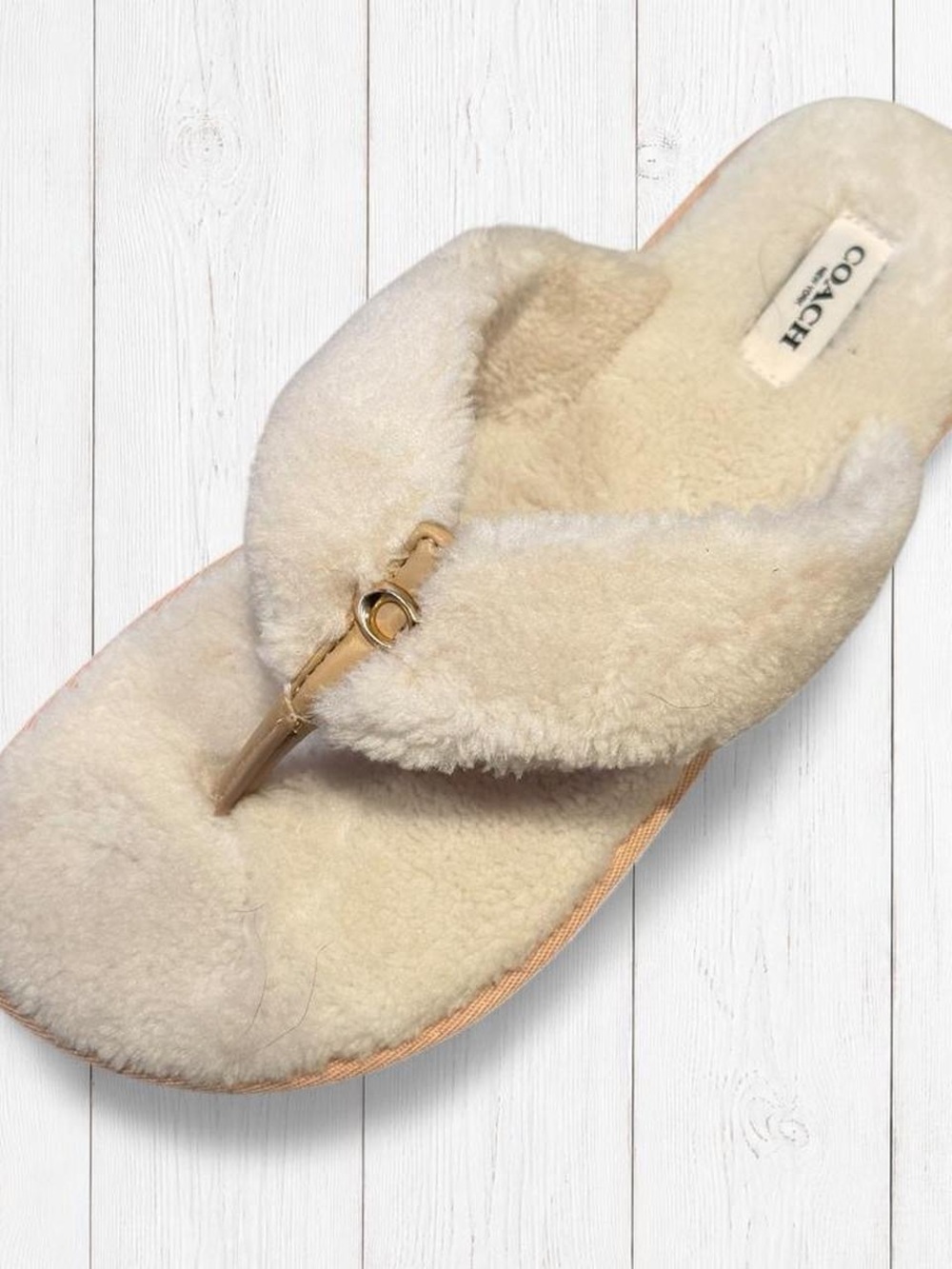 Coach Cream Shearling Thong Sandal with Gold Ring